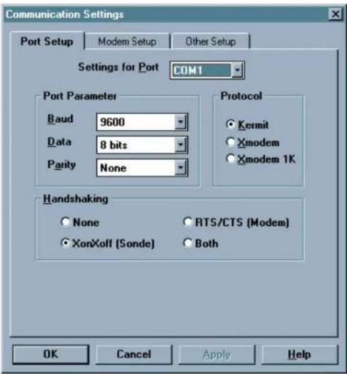 Communication Settings Port Setup Modem Setup Other Setup Settings for Port COM1 Port Parameter Baud 9600 Data 8 bits Parity None Protocol Kermit Xmodem Xmodem 1K Handshaking None RTS/CTS (Modem) XonXoff (Sonde) Both OK Cancel Apply Help