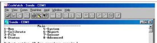 EcoWatch Sondie COM1 File View Comm Realtime Spot Window Help Sondie - COM1 1-Run Main 2-Calibrate 5-System 3-File 6-Report 4-Status 7-Sensor Select option (8 for previous menu): 1