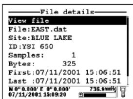File details View file File:EAST.dat Site:BLUE LAKE ID:YSI 650 Samples: 1 Bytes: 325 First:07/11/2001 15:06:51 Last :07/11/2001 15:06:51 N°0.000' E 9°0.000' 07/11/2001 15:09:20 736.5mmHg
