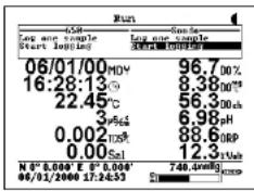 Run Log and Sample Start logging Log and Sample Start: 100% 06/01/00 MDY 96.7.00% 16:28:13 22.45°C 8.38.00% 56.3.00% 3.96% 6.98 pH 0.002 TCS 88.6 ORP 0.00 Sel 12.3.1Wab N° 0.00' E 0.00' 06/01/2000 17:24:53 740.00%