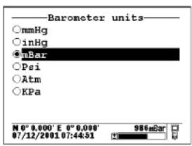 Barometer units ○mmHg ○inHg ●mBar ○Psi ○Atm ○KPa M 0° 0.000' E 9° 0.000' 07/12/2001 07:44:51 986mBar