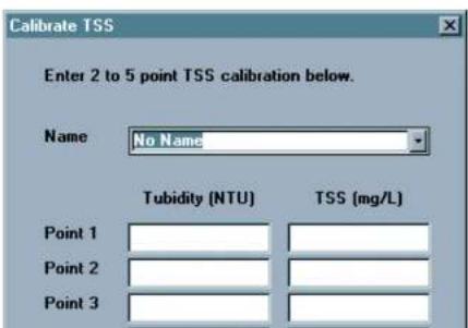 Calibrate TSS Enter 2 to 5 point TSS calibration below. Name No Name Tubidity (NTU) TSS (mg/L) Point 1 Point 2 Point 3