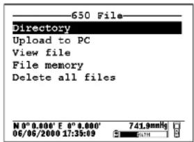 650 File Directory Upload to PC View file File memory Delete all files N 0° 0.000' E 0° 0.000' 06/06/2000 17:39:09 741.9mmHg