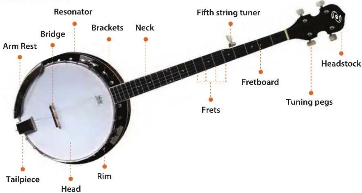 Resonator Arm Rest Bridge Brackets Neck Tailpiece Head Rim Fretboard Frets Tuning pegs Headstock Fifth string tuner