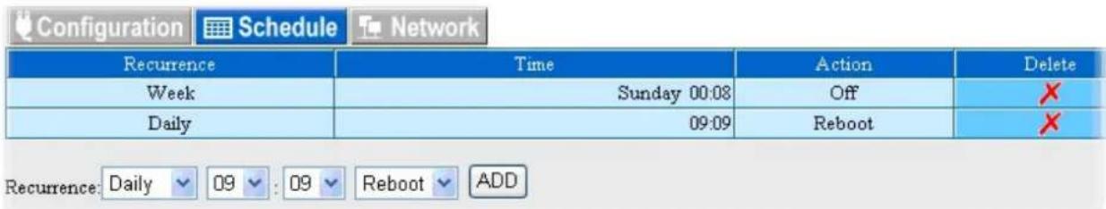 Configuration Schedule Network Recurrence Time Action Delete Week Sunday 00:08 Off Daily 09:09 Reboot Recurrence: Daily 09 : 09 Reboot ADD