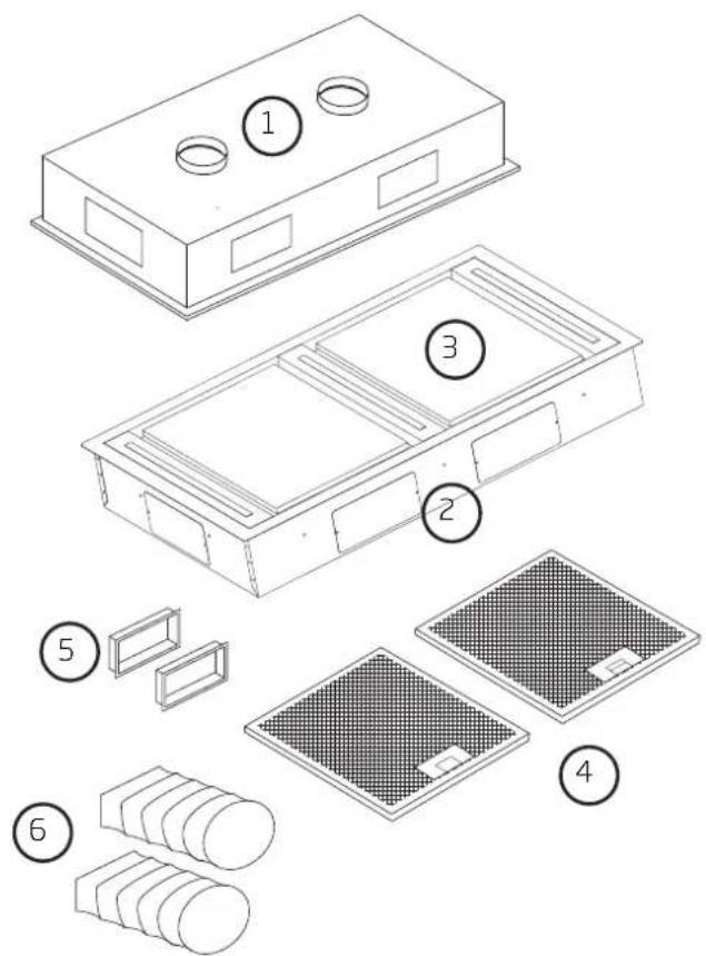 Technical diagram showing exploded view of a multi-case electronic component with numbered parts labeled 1 through 6.