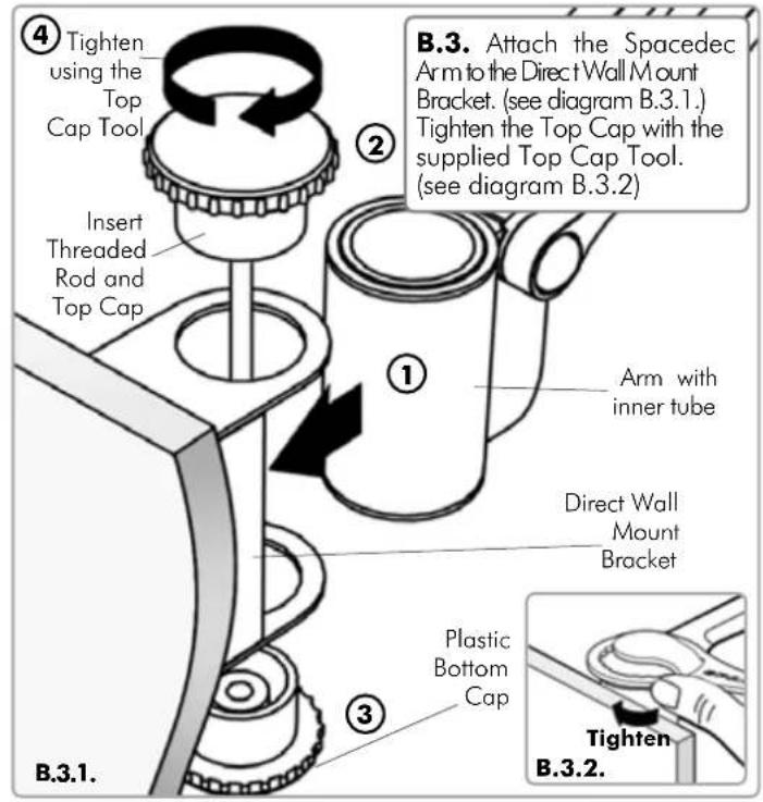 B.3. Attach the Spacedec Arm to the Direct Wall Mount Bracket. (see diagram B.3.1.) Tighten the Top Cap with the supplied Top Cap Tool. (see diagram B.3.2) Arm with inner tube Direct Wall Mount Bracket Plastic Bottom Cap Tighten B.3.2. ① ② ③ ④ Tighten using the Top Cap Tool Insert Threaded Rod and Top Cap B.3.1.