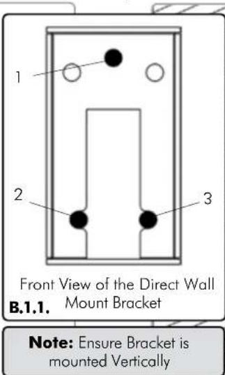 1 2 3 Front View of the Direct Wall Mount Bracket B.1.1. Note: Ensure Bracket is mounted Vertically