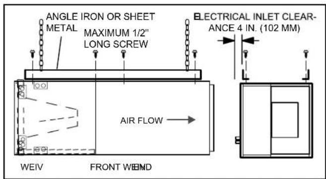 ANGLE IRON OR SHEET METAL MAXIMUM 1/2" LONG SCREW AIR FLOW WEIV FRONT WEND ELECTRICAL INLET CLEAR- ANCE 4 IN. (102 MM)