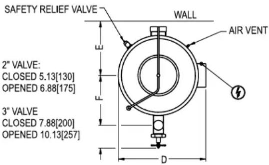 SAFETY RELIEF VALVE WALL AIR VENT 2" VALVE: CLOSED 5.13[130] OPENED 6.88[175] 3" VALVE CLOSED 7.88[200] OPENED 10.13[257]