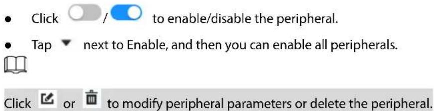 Click / to enable/disable the peripheral. Tap next to Enable, and then you can enable all peripherals. Click or to modify peripheral parameters or delete the peripheral.
