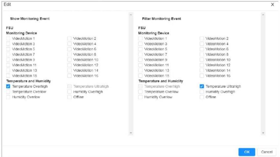 Edit Show Monitoring Event FSU Monitoring Device VideoMotion 1 VideoMotion 2 VideoMotion 3 VideoMotion 4 VideoMotion 5 VideoMotion 6 VideoMotion 7 VideoMotion 8 VideoMotion 9 VideoMotion 10 VideoMotion 11 VideoMotion 12 VideoMotion 13 VideoMotion 14 VideoMotion 15 VideoMotion 16 Temperature and Humidity ✓ Temperature Overhigh Temperature Ultrahigh Temperature Overflow Humidity Overhigh Humidity Overflow Offline Filter Monitoring Event FSU Monitoring Device VideoMotion 1 VideoMotion 2 VideoMotion 3 VideoMotion 4 VideoMotion 5 VideoMotion 6 VideoMotion 7 VideoMotion 8 VideoMotion 9 VideoMotion 10 VideoMotion 11 VideoMotion 12 VideoMotion 13 VideoMotion 14 VideoMotion 15 VideoMotion 16 Temperature and Humidity Temperature Overhigh Temperature Ultrahigh Temperature Overflow Humidity Overhigh Humidity Overflow Offline ✓ Temperature Ultrahigh Humidity Overhigh Offline OK Cancel