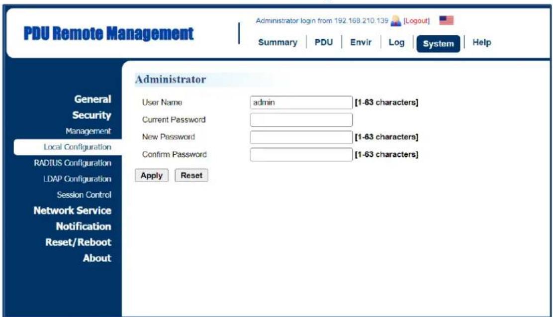 PDU Remote Management Administrator login from 192.168.210.139 [Logout] Summary PDU Envir Log System Help General Security Management Local Configuration RADIUS Configuration LDAP Configuration Session Control Network Service Notification Reset/Reboot About Administrator User Name admin [1-63 characters] Current Password New Password [1-63 characters] Confirm Password [1-63 characters] Apply Reset
