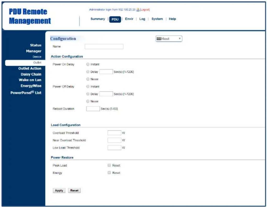 PDU Remote Management Administrator login from 192.198.25.28 [Logout] Summary | PDU | Envir | Log | System | Help Status Manager Device Outlet Outlet Action Daisy Chain Wake on Lan EnergyWise PowerPanel® List Configuration Name Action Configuration Power On Delay Instant Delay Sec(s) [1-7200] Never Power Off Delay Instant Delay Sec(s) [1-7200] Never Reboot Duration Sec(s) [5-60] Load Configuration Overload Threshold W Near Overload Threshold W Low Load Threshold W Power Restore Peak Load Reset Energy Reset Apply Reset