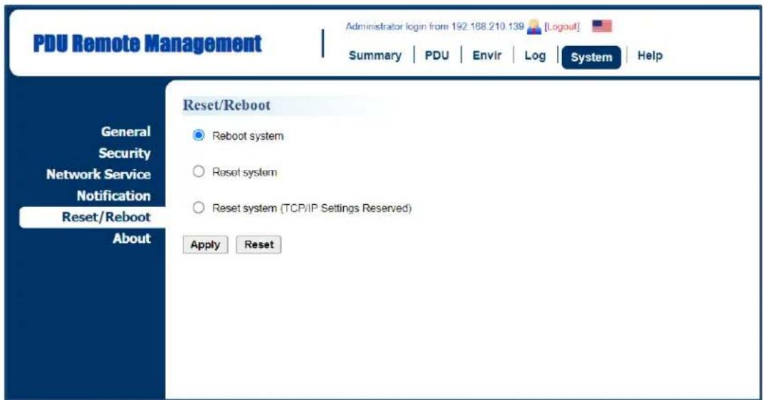 PDU Remote Management Administrator login from 192.168.210.139 [Logout] Summary | PDU | Envir | Log | System | Help General Security Network Service Notification Reset/Reboot About Reset/Reboot ● Reboot system ○ Reset system ○ Reset system (TCP/IP Settings Reserved) Apply Reset