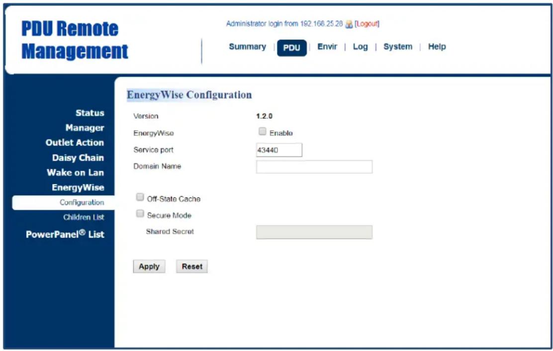 PDU Remote Management Administrator login from 192.168.25.28 [Logout] Summary | PDU Envir Log System Help EnergyWise Configuration Status Manager Outlet Action Daisy Chain Wake on Lan EnergyWise Configuration Children List PowerPanel® List Version 1.2.0 EnergyWise Enable Service port 43440 Domain Name Off-State Cache Secure Mode Shared Secret Apply Reset