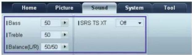 Home Picture Sound System Tool Bass 50 ISRS TS XT Off Treble 50 Balance(L/R) 50/50