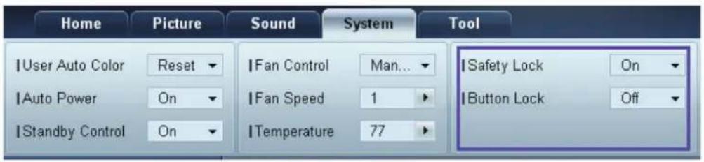 Home Picture Sound System Tool |User Auto Color Reset |Fan Control Man... |Safety Lock On |Auto Power On |Fan Speed 1 |Button Lock Off |Standby Control On |Temperature 77