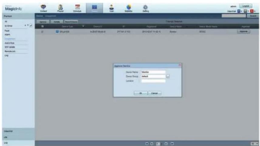 MagicInfo Current Planar Schedule User Schedule Setting admin Logist Internet Switch Preview Options Details Board Groups 1 Manager Selection Device Tools Device ID Programs Device Name Device Name Name Apprent SPLAYOR 6-28-07-05-04-03 217.541.3.103 2010.02.07.11.02.15 Balance MCCC Apprent Device Device Name: Monitor Device Group: default Location: OK Cancel