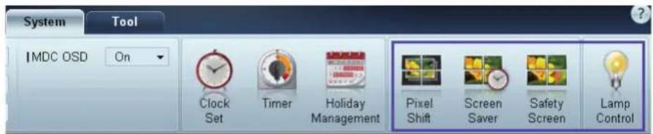 System Tool IMDC OSD On Clock Set Timer Holiday Management Pixel Shift Screen Saver Safety Screen Lamp Control