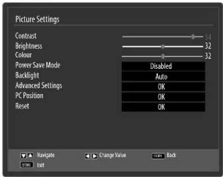 Picture Settings Contrast Brightness Colour Power Save Mode Backlight Advanced Settings PC Position Reset 54 32 32 Disabled Auto OK OK OK Navigate Change Value Back Exit