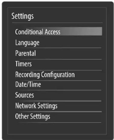 Settings Conditional Access Language Parental Timers Recording Configuration Date/Time Sources Network Settings Other Settings