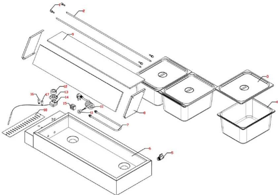 Technical diagram of a multi-case appliance assembly with numbered components for identification