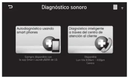 Diagnóstico sonoro Autodiagnóstico usando smart phones Siempre disponible con la app Smart Laundry&DBW de LG Diagnóstico inteligente a traves del centro de atención al cliente Disponible Lum-Vie $500am – 4:00pm Centra