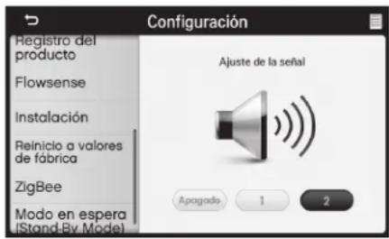 Configuración Registro del producto Flowsense Instalación Reinicio a valores de fábrica ZigBee Modo en espera (Stand-By Model) Ajuste de la señal Apagrado 1 2
