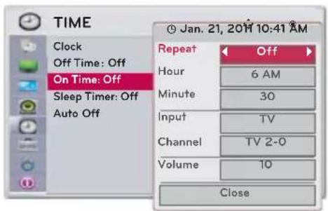 TIME Clock Off Time: Off On Time: Off Sleep Timer: Off Auto Off Jan. 21, 2014 10:41 AM Repeat Off Hour 6 AM Minute 30 Input TV Channel TV 2-0 Volume 10 Close