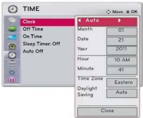 TIME Clock Off Time On Time Sleep Timer: Off Auto Off Auto Month 01 Date 21 Year 2011 Hour 10 AM Minute 41 Time Zone Eastern Daylight Saving Auto Close
