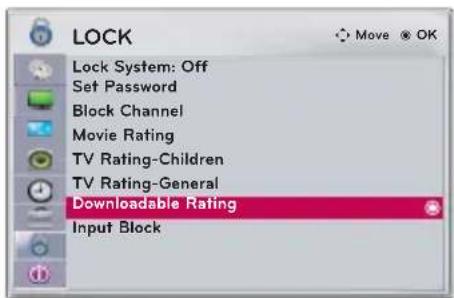 LOCK Lock System: Off Set Password Block Channel Movie Rating TV Rating-Children TV Rating-General Downloadable Rating Input Block