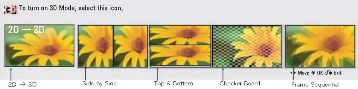 To turn on 3D Mode, select this icon. 2D → 3D 2D → 3D Side by Side Top & Bottom Checker Board Frame Sequential Move OK Exit