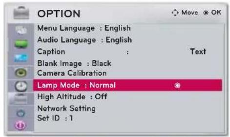 OPTION Menu Language : English Audio Language : English Caption : Text Blank Image : Black Camera Calibration Lamp Mode : Normal High Altitude : Off Network Setting Set ID : 1