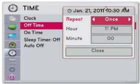 TIME Clock Off Time On Time Sleep Timer: Off Auto Off Jan. 21, 2011 10:30 AM Repeat Once Hour 11 PM Minute 00 Close