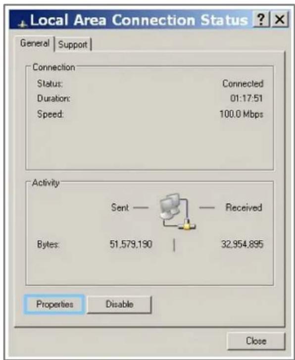 Local Area Connection Status ? General | Support | Connection Status: Connected Duration: 01:17:51 Speed: 100.0 Mbps Activity Sent — Received Bytes: 51.579.190 | 32.954.895 Properties Disable Close