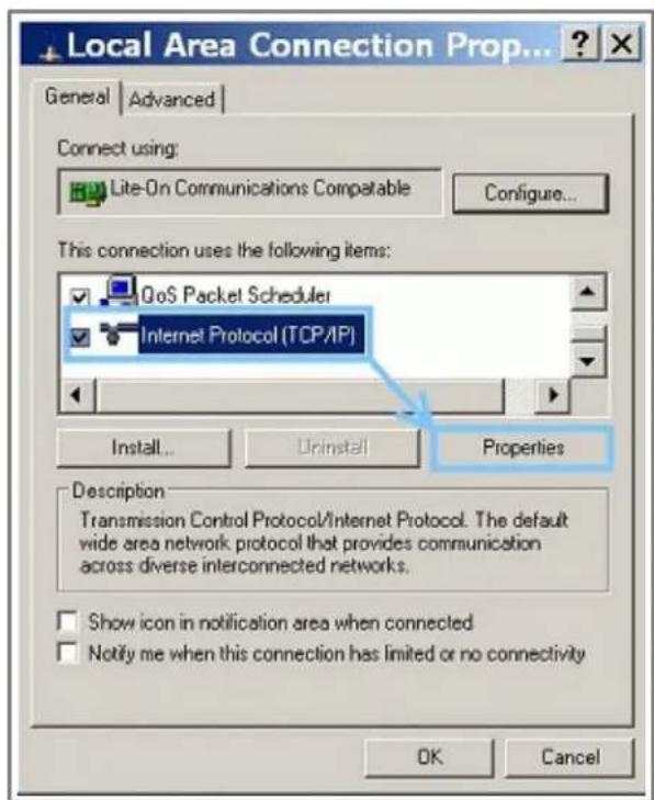 Local Area Connection Prop... General | Advanced | Connect using: Lite-On Communications Compatible Configure... This connection uses the following items: GoS Packet Scheduler Internet Protocol (TCP/IP) Install... Urinstall Properties Description Transmission Control Protocol/Internet Protocol. The default wide area network protocol that provides communication across diverse interconnected networks. Show icon in notification area when connected Notify me when this connection has limited or no connectivity OK Cancel