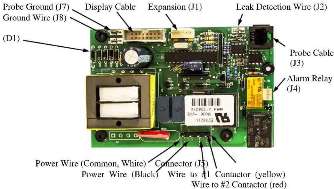 Probe Ground (J7) Ground Wire (J8) (D1) Display Cable Expansion (J1) Leak Detection Wire (J2) Probe Cable (J3) Alarm Relay (J4) Power Wire (Common, White) Power Wire (Black) Connector (J5) Wire to #1 Contactor (yellow) Wire to #2 Contactor (red)