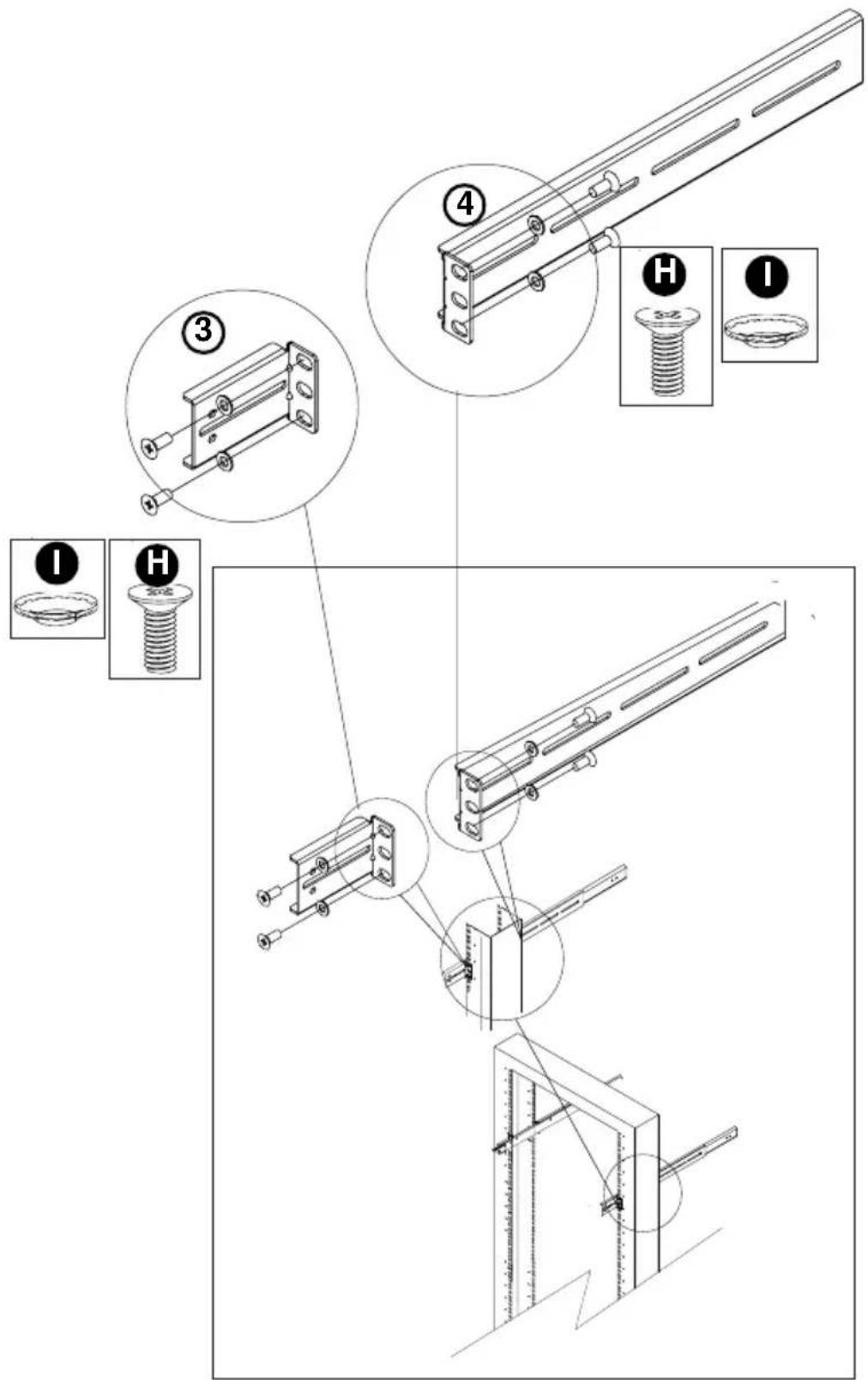 Technical diagram illustrating assembly steps of a mechanical bracket with labeled components and exploded views