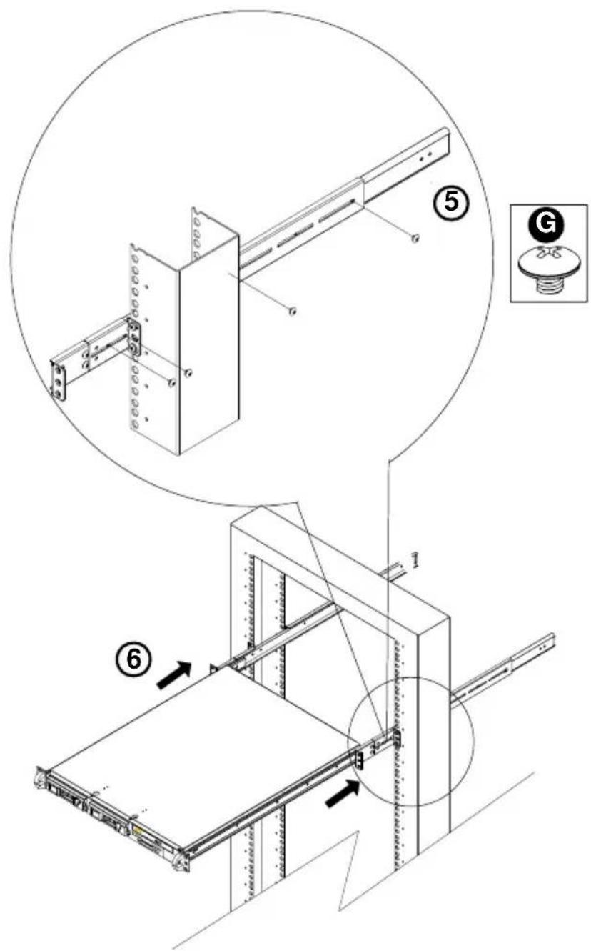 Technical diagram showing assembly steps of a server rack with labeled components and directional arrows indicating motion.