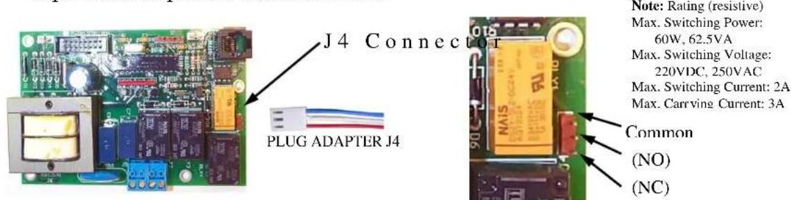 J4 Connector PLUG ADAPTER J4 Note: Rating (resistive) Max. Switching Power: 60W, 62.5VA Max. Switching Voltage: 220VDC, 250VAC Max. Switching Current: 2A Max. Carrying Current: 3A Common (NO) (NC)