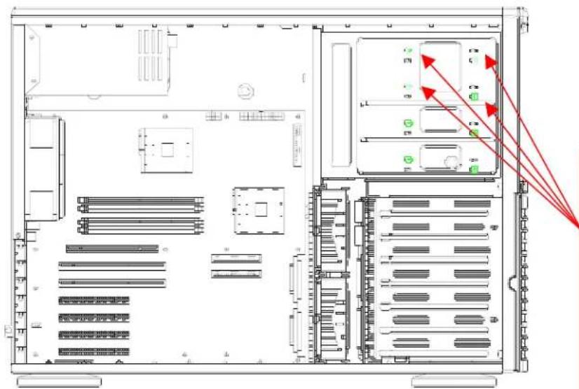 Technical diagram of an internal server rack with labeled equipment and red arrows indicating signal paths or connections.