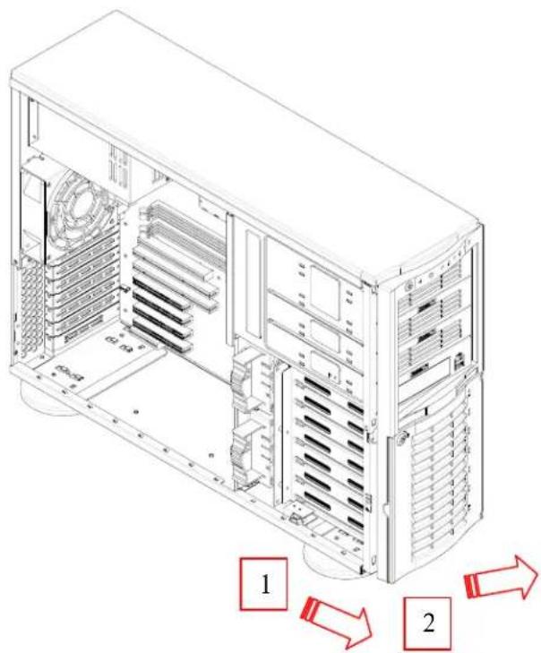 Technical diagram of a server rack with labeled components and directional arrows indicating movement or flow.