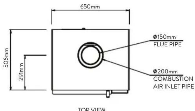 650mm 506mm 291mm TOP VIEW Ø150mm FLUE PIPE Ø200mm COMBUSTION AIR INLET PIPE