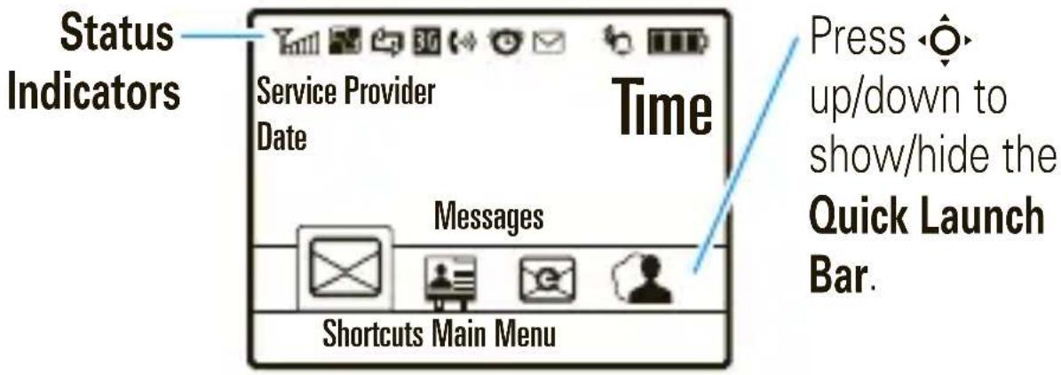 Status Indicators Service Provider Date Time Press ◄◆◆ up/down to show/hide the Quick Launch Bar. Messages Shortcuts Main Menu