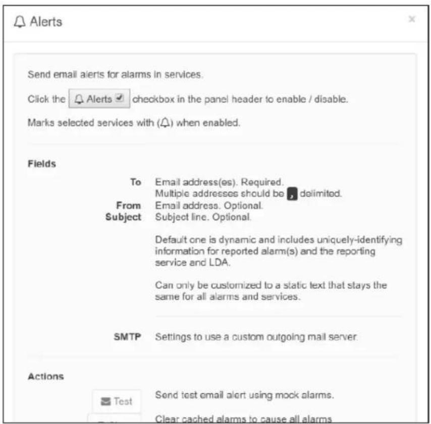 Send email alerts for alarms in services. Click the Alerts checkbox in the panel header to enable / disable. Marks selected services with (△) when enabled. Fields To Email address(es). Required. Multiple addresses should be , delimited. From Email address. Optional. Subject Subject line. Optional. D…