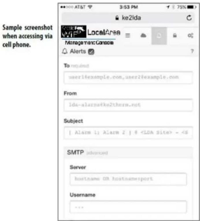Sample screenshot when accessing via cell phone. The image shows the Alerts configuration screen with fields for To, From, Subject, and SMTP advanced settings. The text explains that when customers choose to use their own email server as the email relay, the SMTP section should be expanded by clicki…