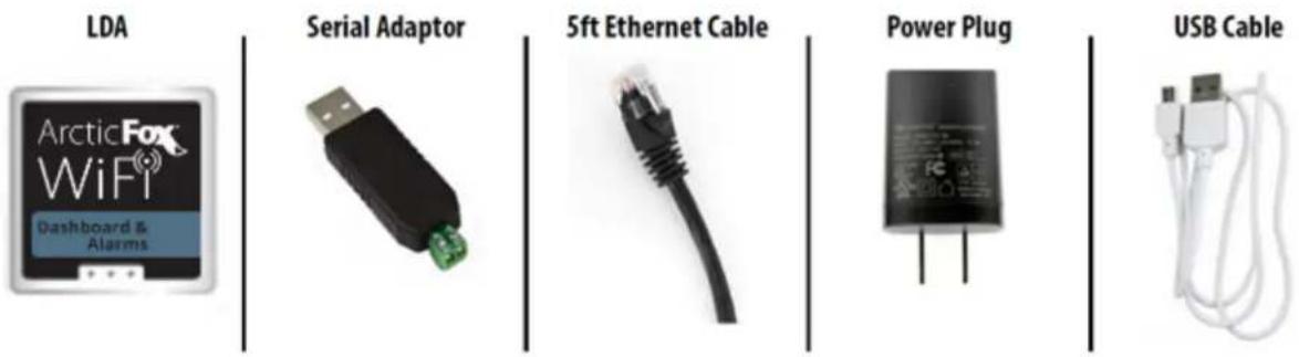 LDA ArcticFox WiFi® Dashboard & Alarms Serial Adaptor 5ft Ethernet Cable Power Plug USB Cable