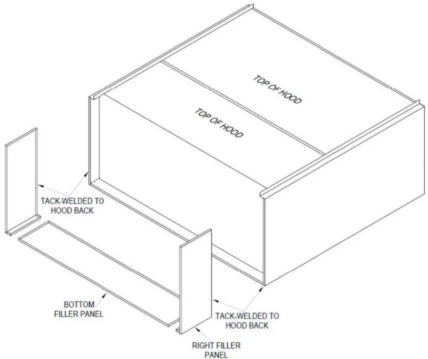 TOP OF HOOD TOP OF HOOD TACK-WELDED TO HOOD BACK BOTTOM FILLER PANEL TACK-WELDED TO HOOD BACK RIGHT FILLER PANEL