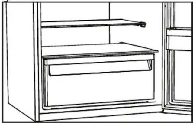 Line drawing of an open refrigerator with a drawer and side shelf (no text or symbols)